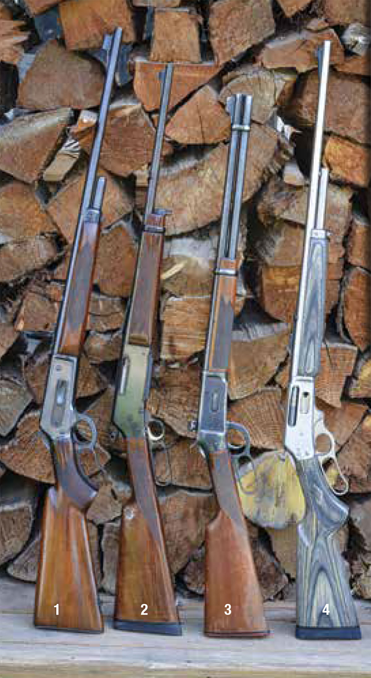 Several noteworthy medium bore cartridges are housed in lever action rifles: (1) Winchester Model 71 348 WCF, (2) Browning 81 BLR 358 Winchester, (3) Winchester 94 Big Bore 375 Winchester, (4) Marlin 338MXLR chambered in 338 Marlin Express.